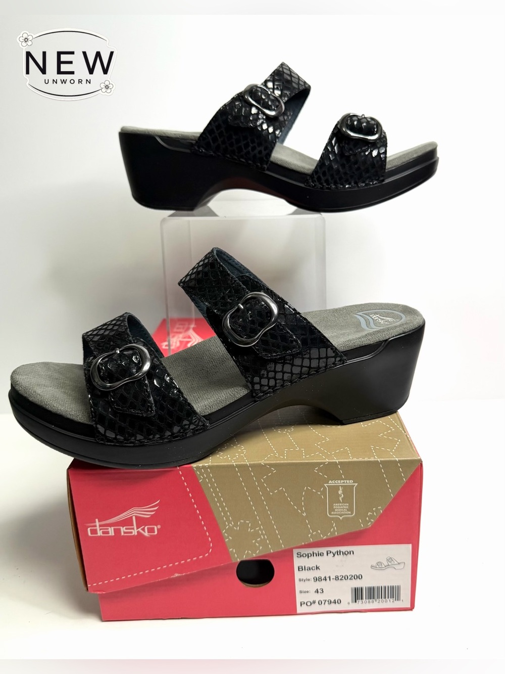 NEW Dansko Sophie Python Black Wedge Sandals Size EU 43 in Original Box